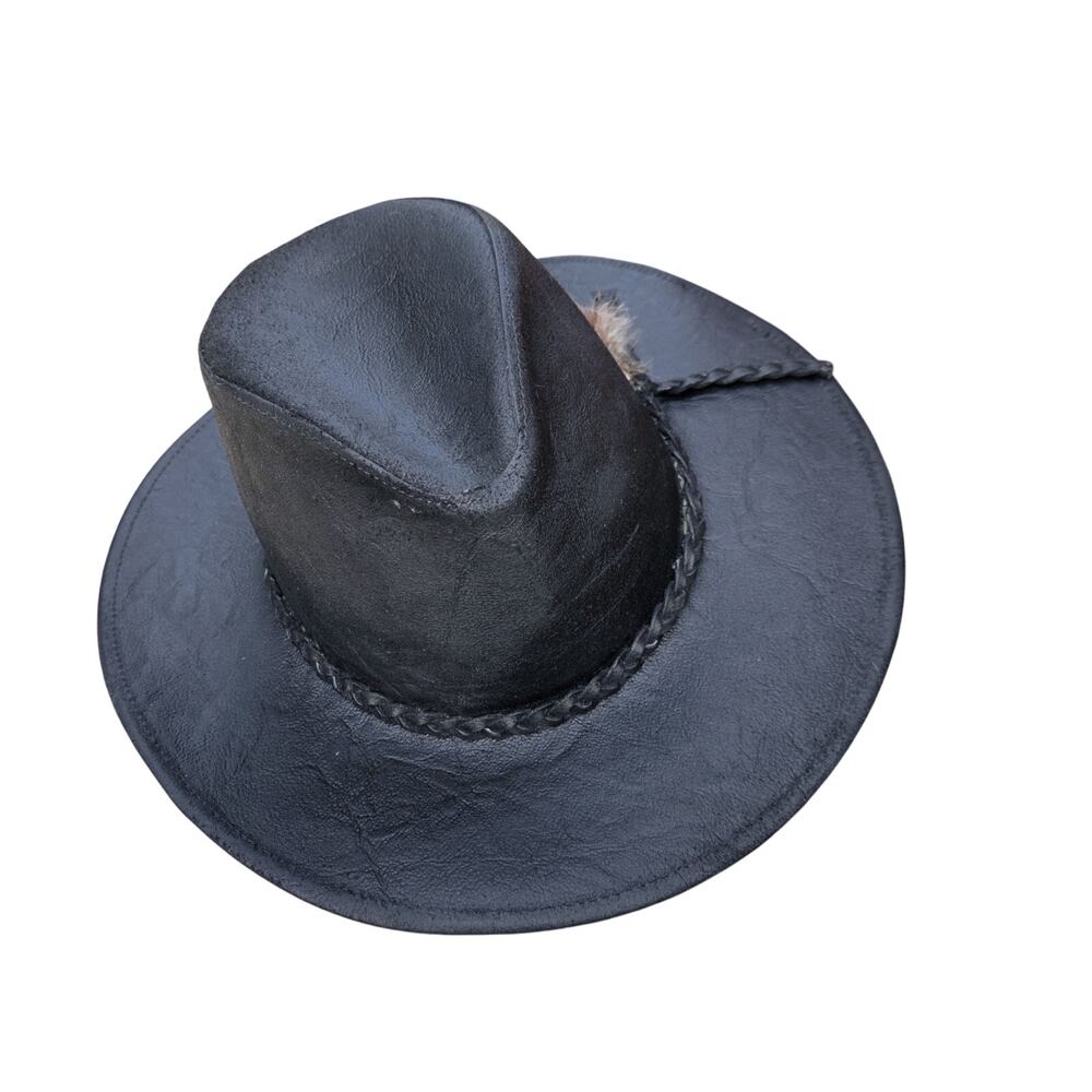 Vintage Leather Cowboy Hat Feather Western Unisex Small USA Made - Picture 9 of 12